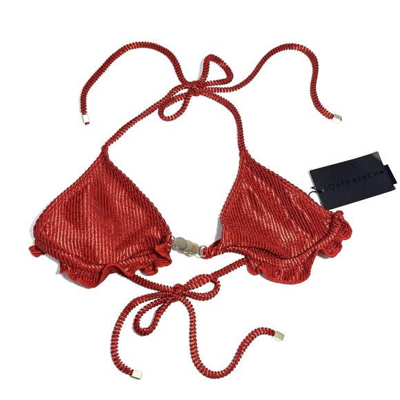 NEW South Beach Crinkle Frill Triangle Bikini Top Rust Gold Womens 2 Ruffle Swim - Picture 5 of 15